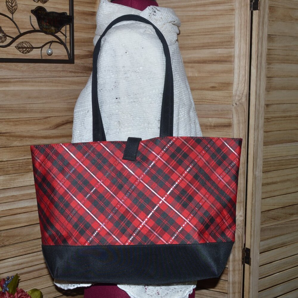 Lancome Tote Bag Red Black Silver Plaid Snap Closure